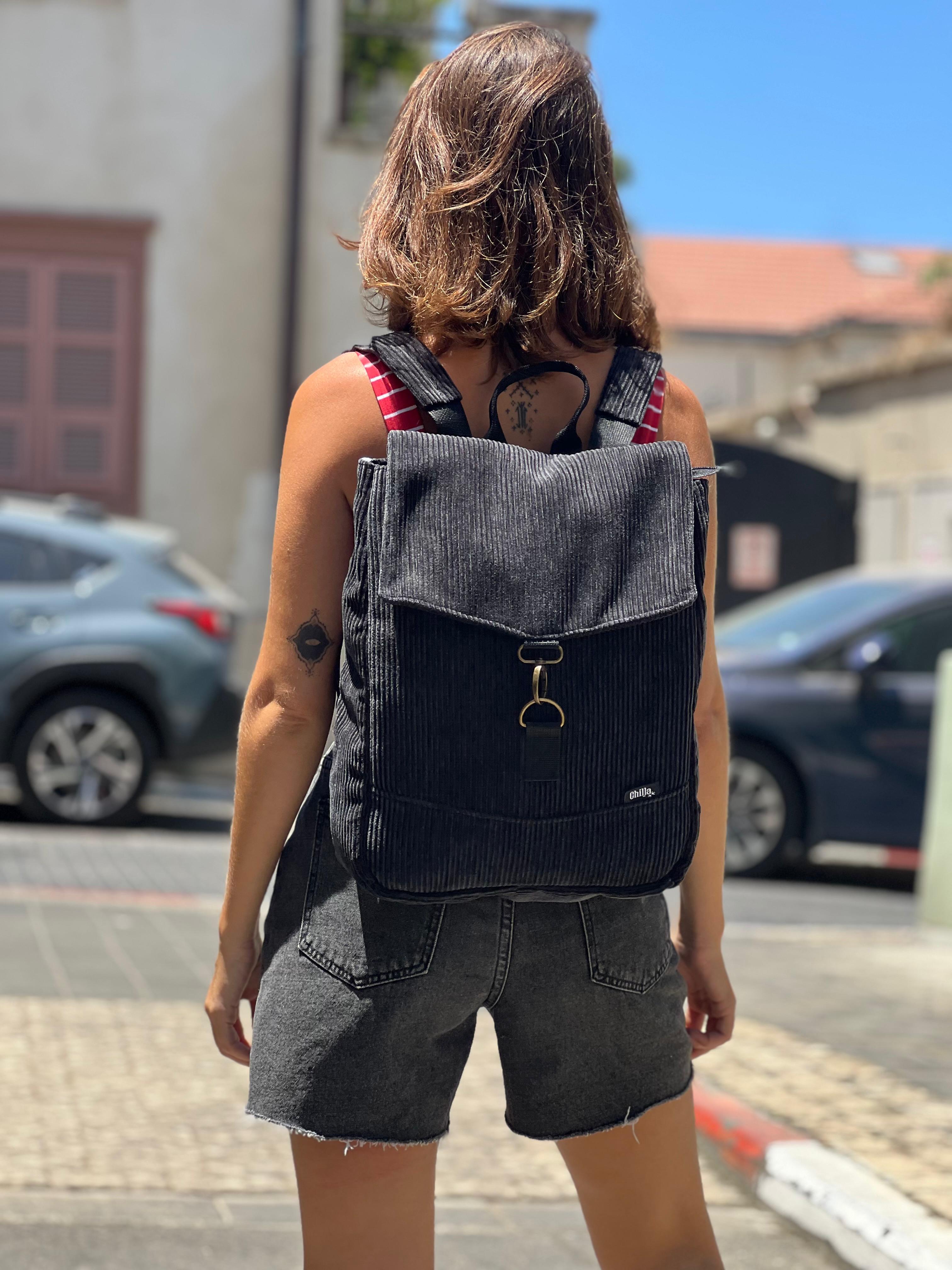 Black Corduroy Medium Students Backpack