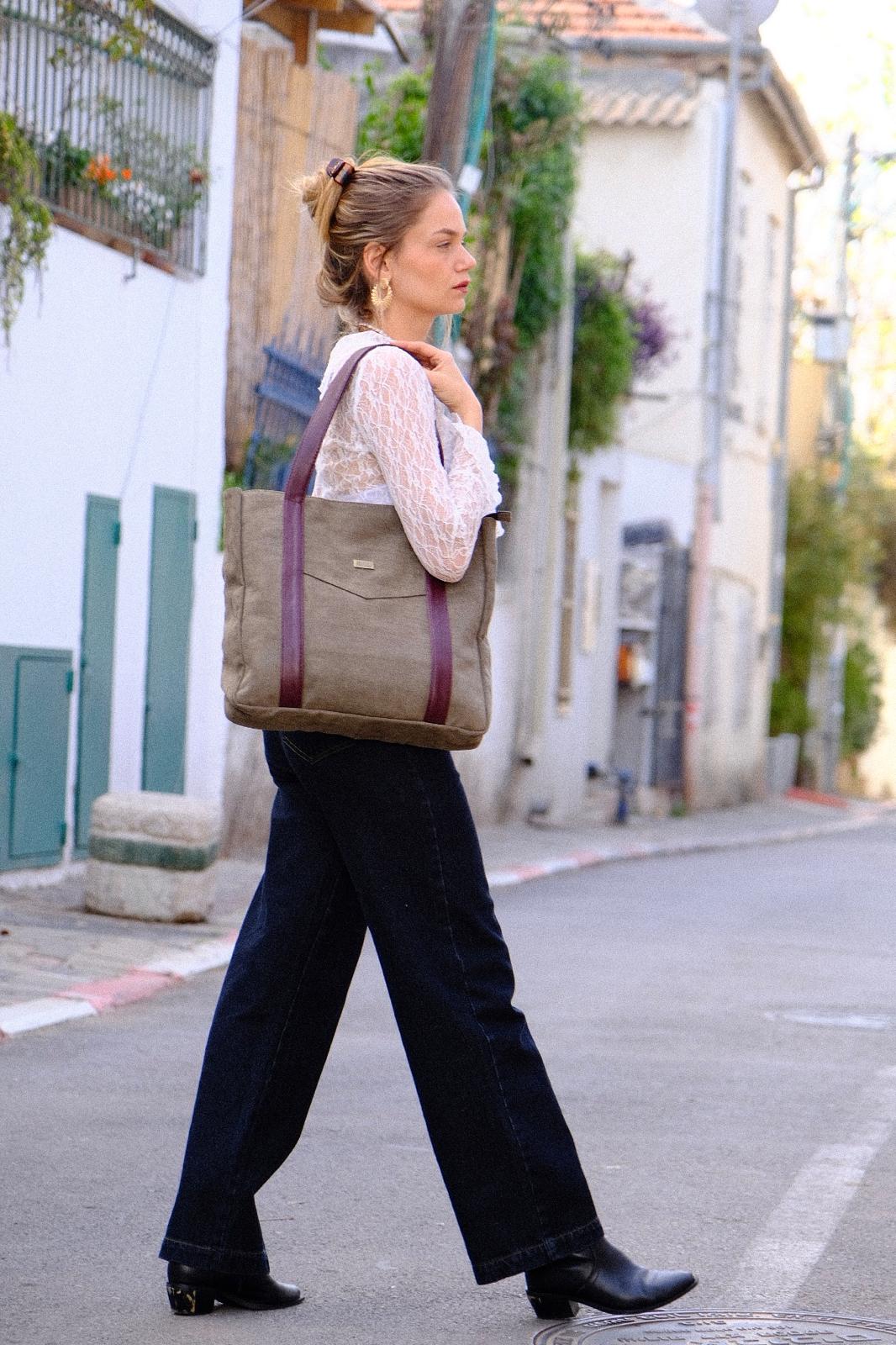 Olive Green NOKO Large Side Bag with Burgundy Straps
