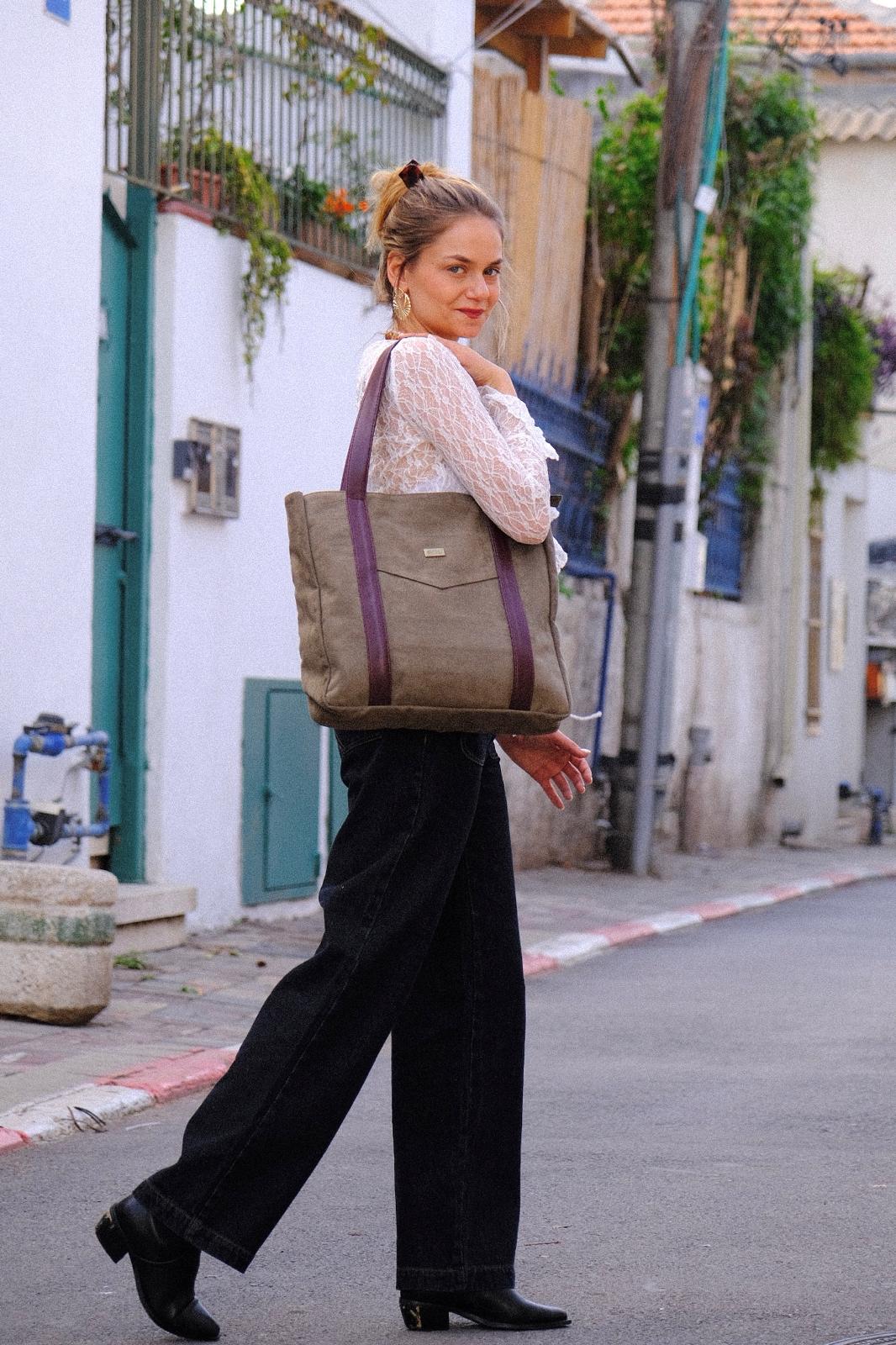 Olive Green NOKO Large Side Bag with Burgundy Straps