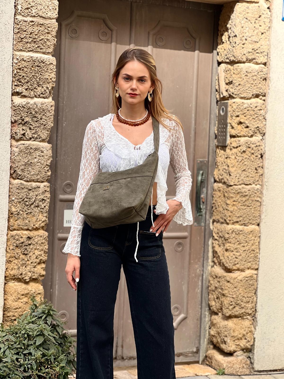 Luna Large Crossbody Bag – Olive Green Vegan Suede