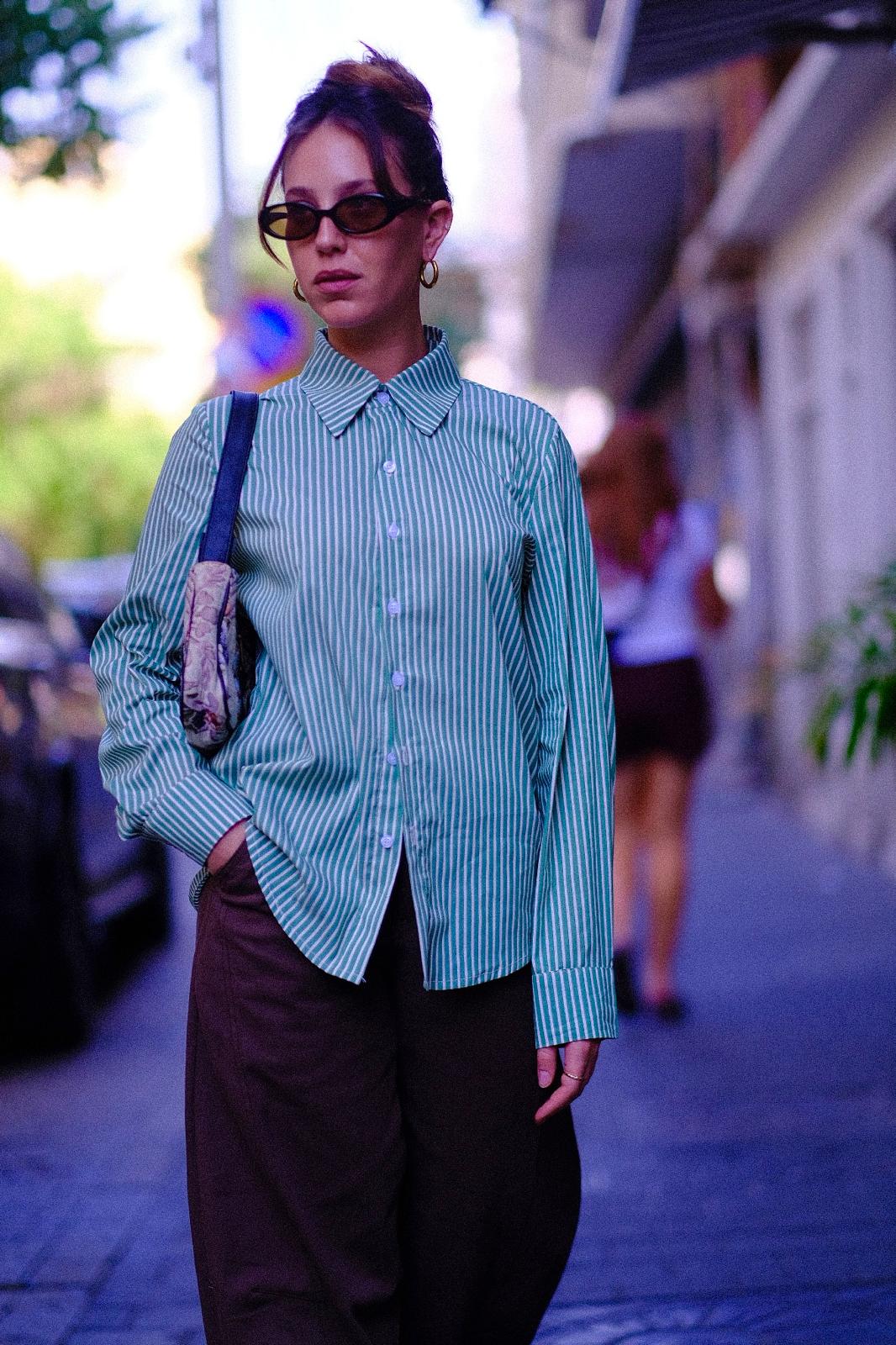 Green striped classic button-up shirt – street look