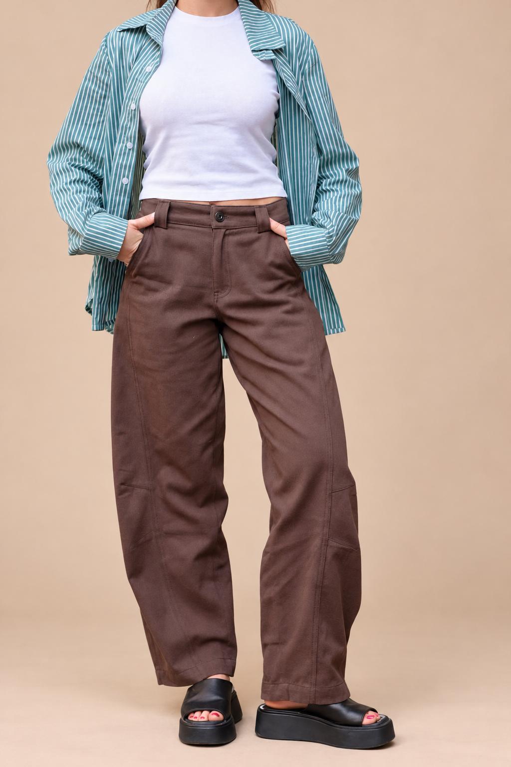 Brown barrel drill pants – close-up
