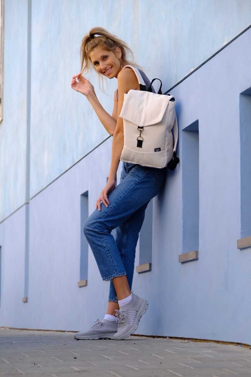 Cream Corduroy Medium Students Backpack