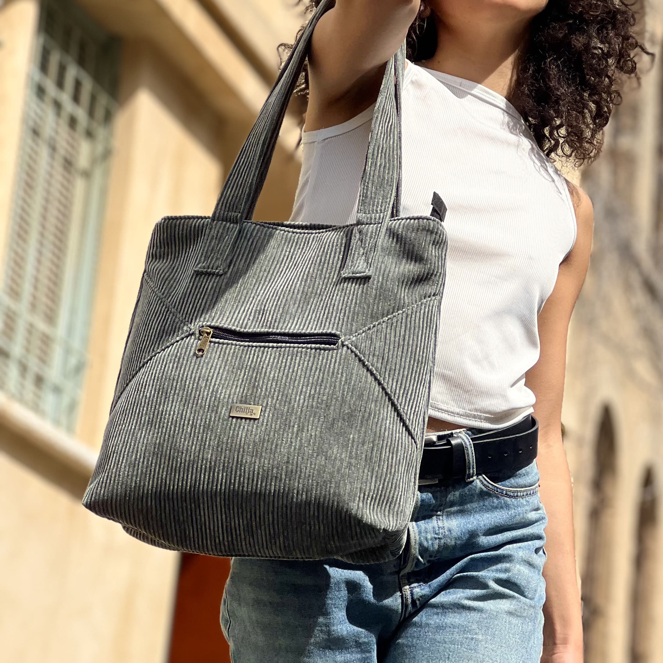 תיק צד Tommy גדול ירוק-אפור קורדרוי