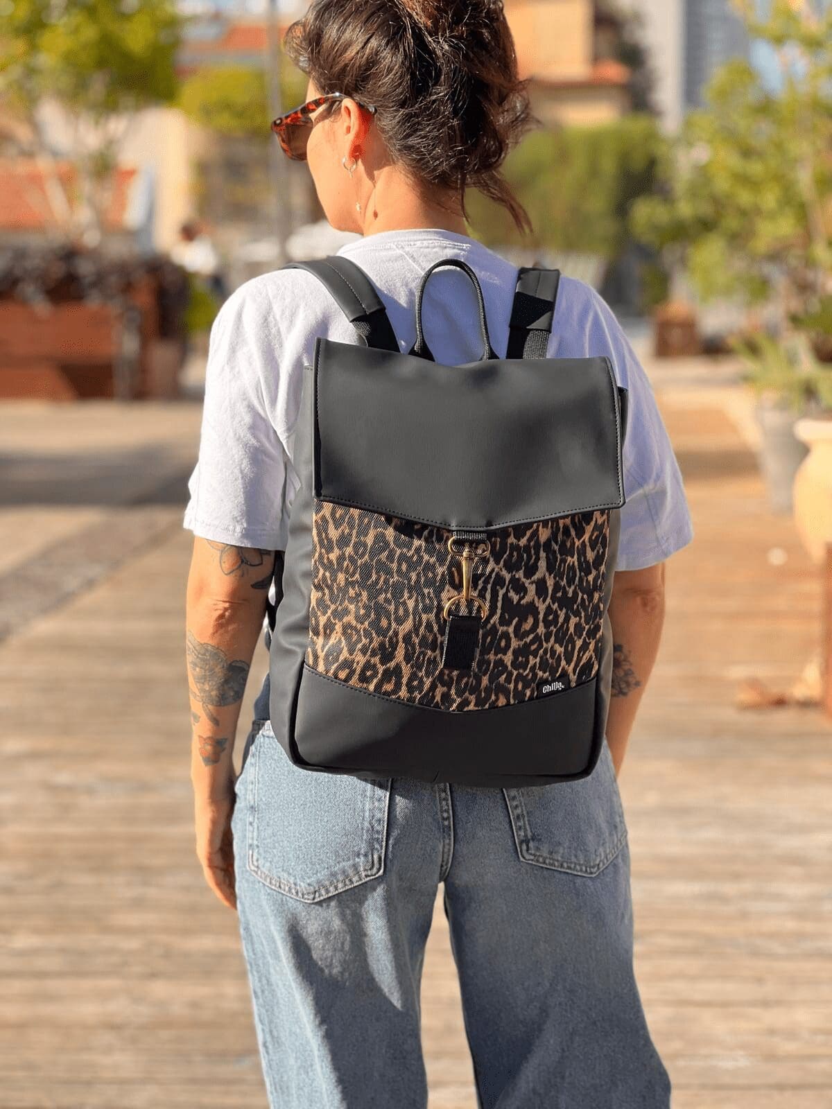 Medium Black Students Backpack with Leopard Print