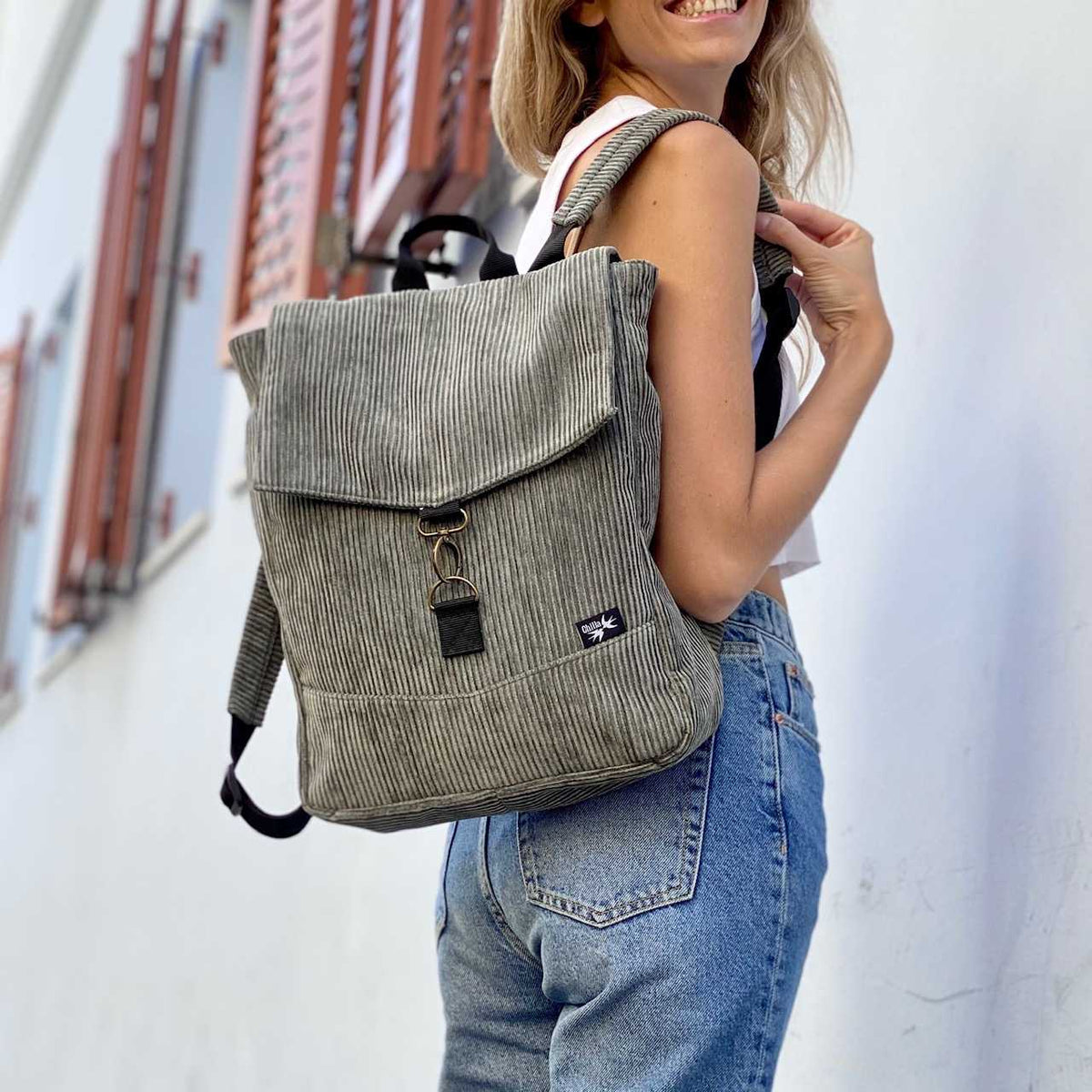 Green-Grey Corduroy Medium Students Backpack