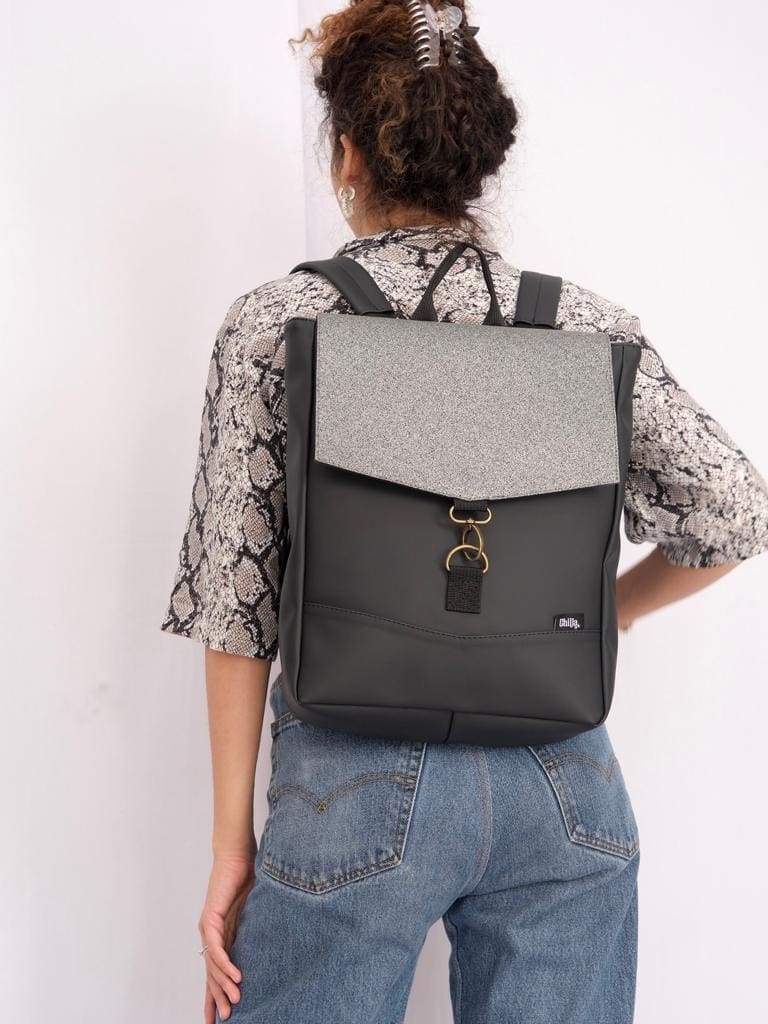 Black Medium Students Backpack with Glitter