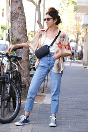 פאוץ' 'לורנס' שחור טקסטורת ציפורים