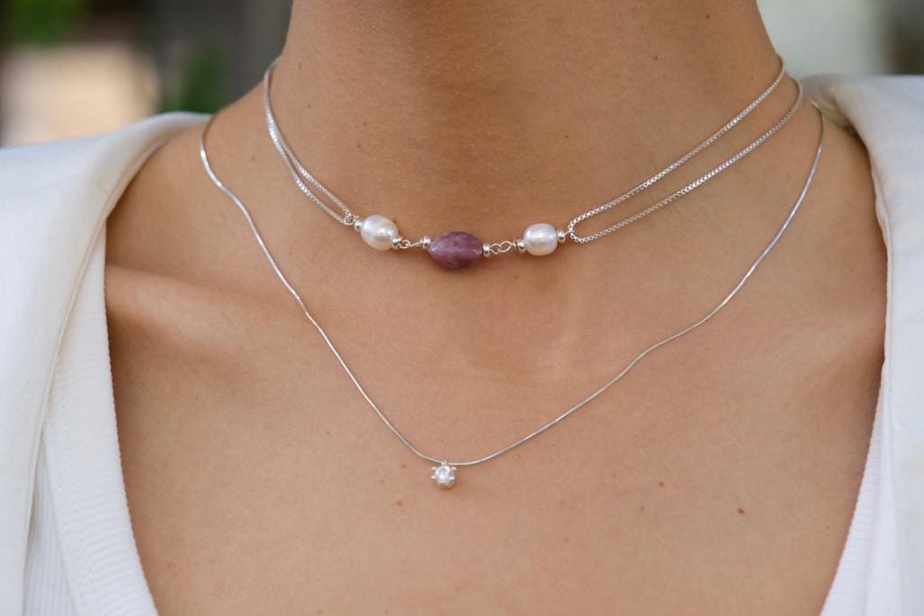 Choker necklace 'PINK' silver 925 and pearls
