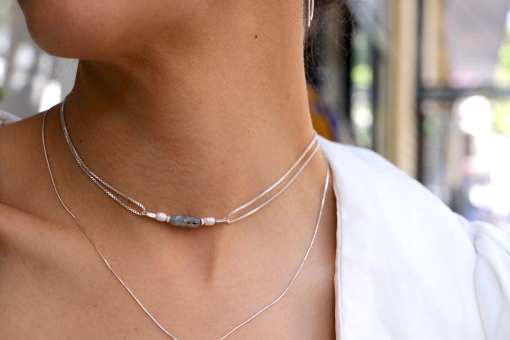 שרשרת צ'וקר 'Turquoise' כסף 925 ופנינים