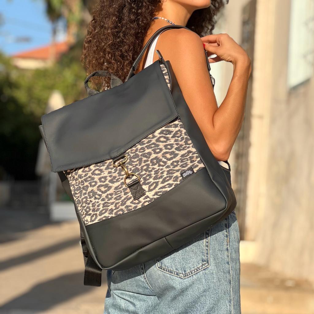 Black with Leopard Print Large Students Backpack