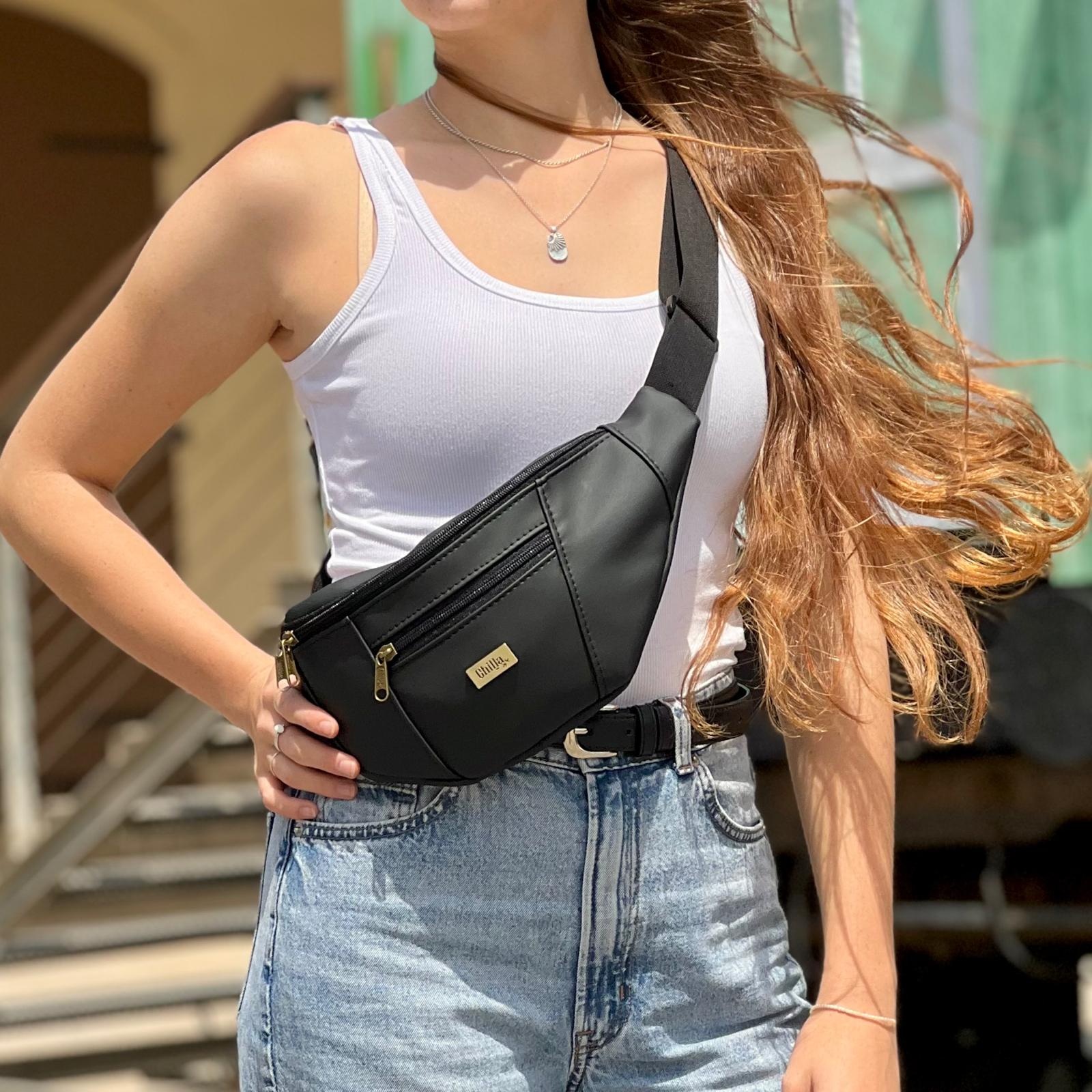 Black faux leather fanny pack sale