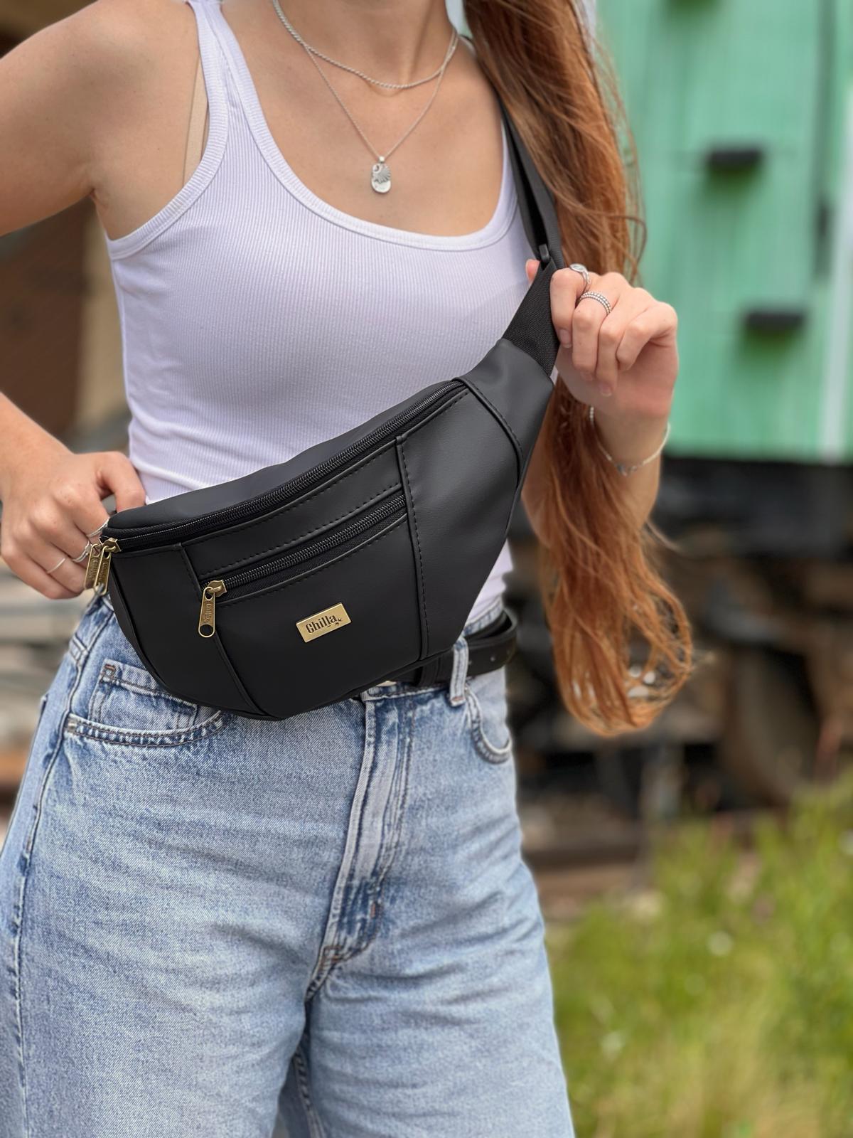 Matte Black Faux Leather Large 'Roni' Fanny Pack -