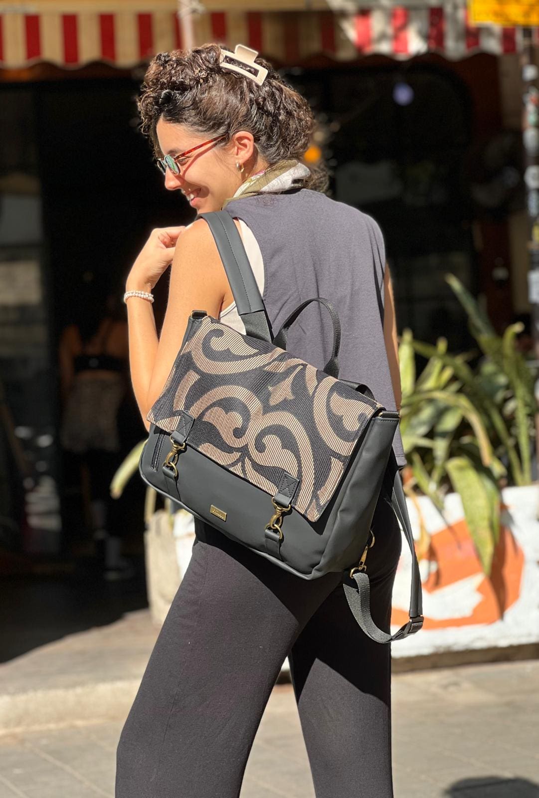 Large Black Ornamented Jaffa Backpack/Side Bag