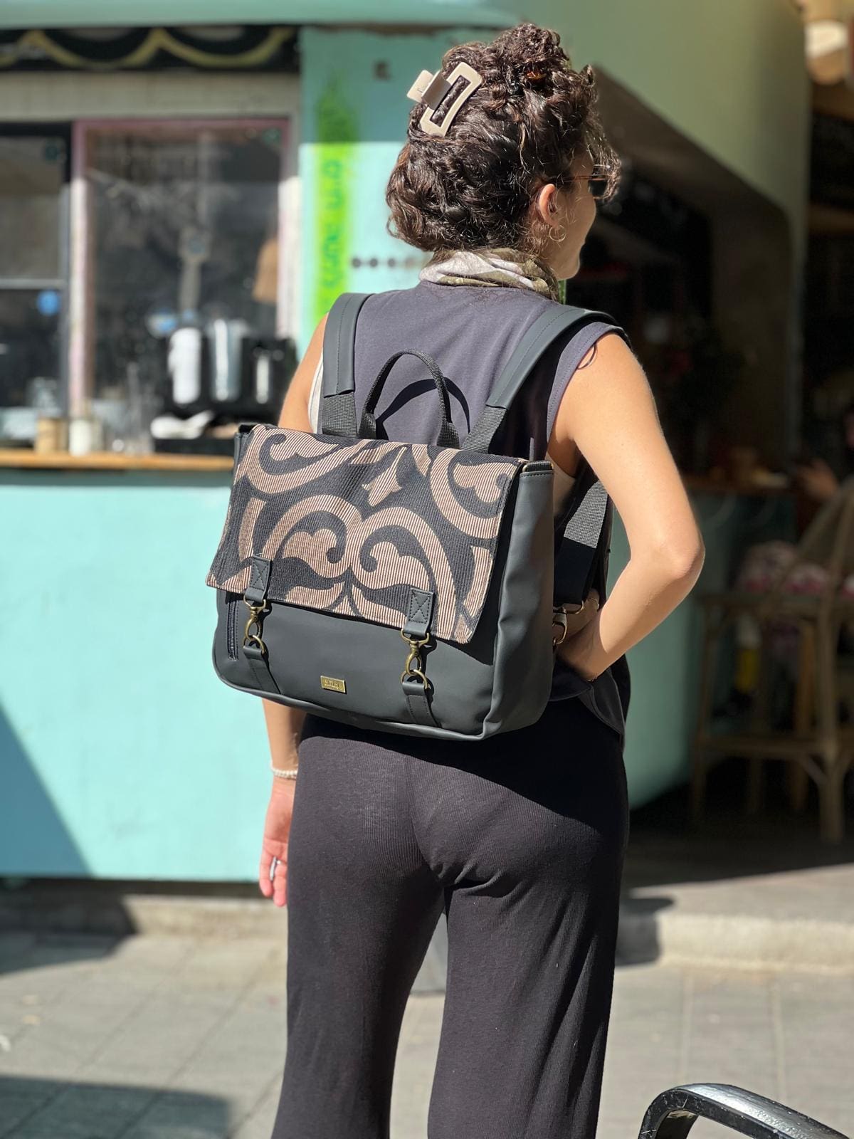 Large Black Ornamented Jaffa Backpack/Side Bag