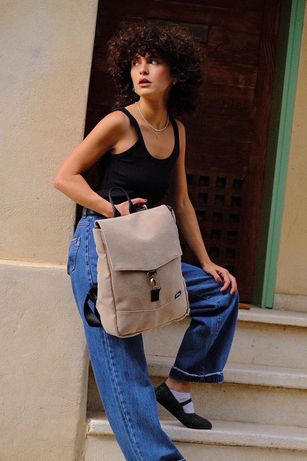 Cream Suede-Like Medium Students Backpack
