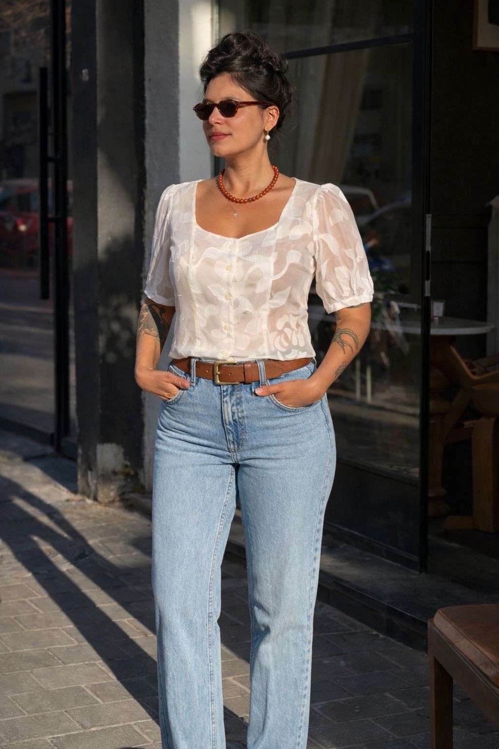 White Sheer Festive Chiffon Elizabeth Button-Up Shirt