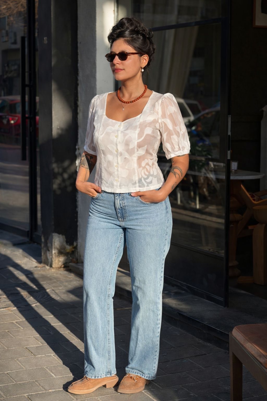 White Sheer Festive Chiffon Elizabeth Button-Up Shirt