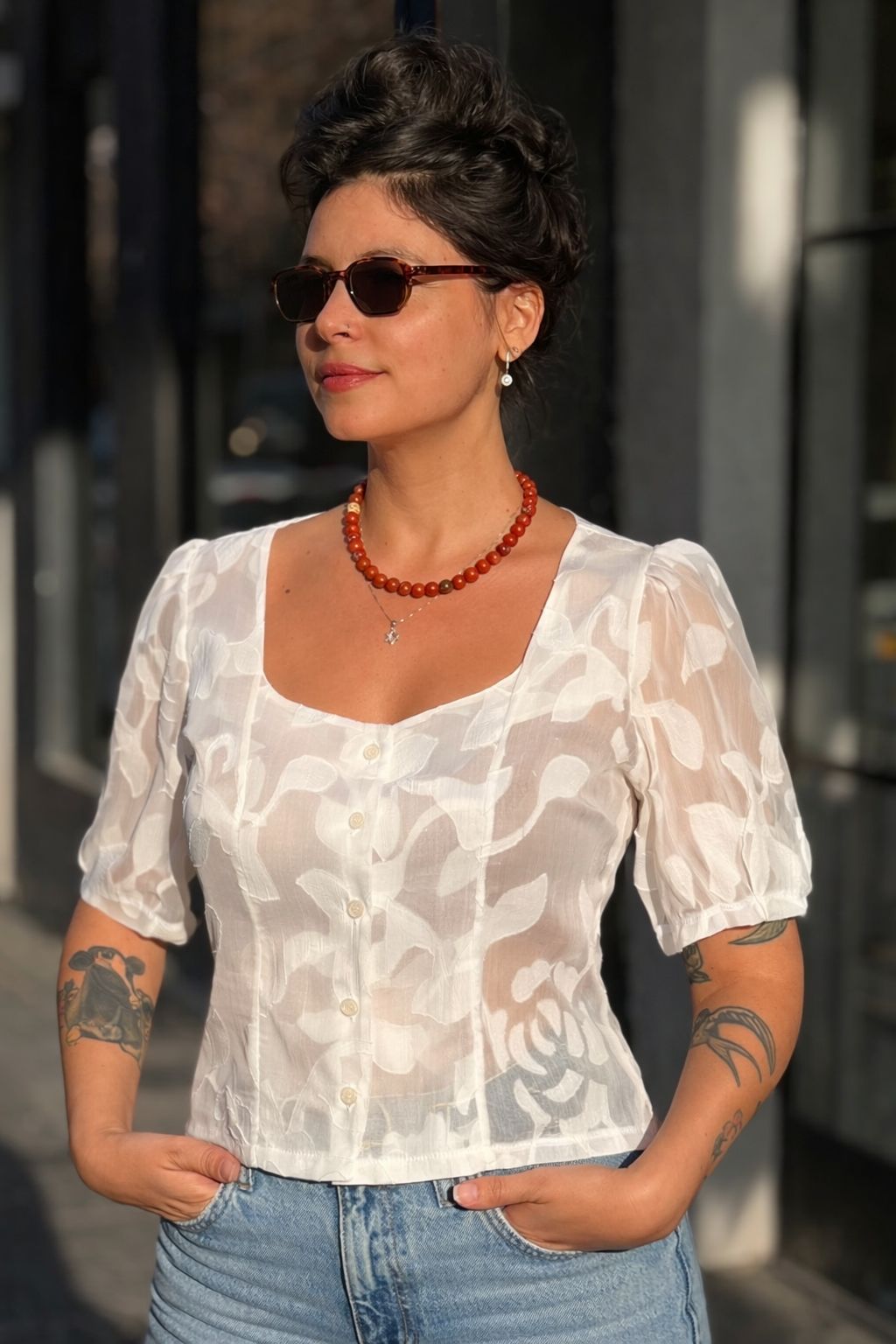 White Sheer Festive Chiffon Elizabeth Button-Up Shirt
