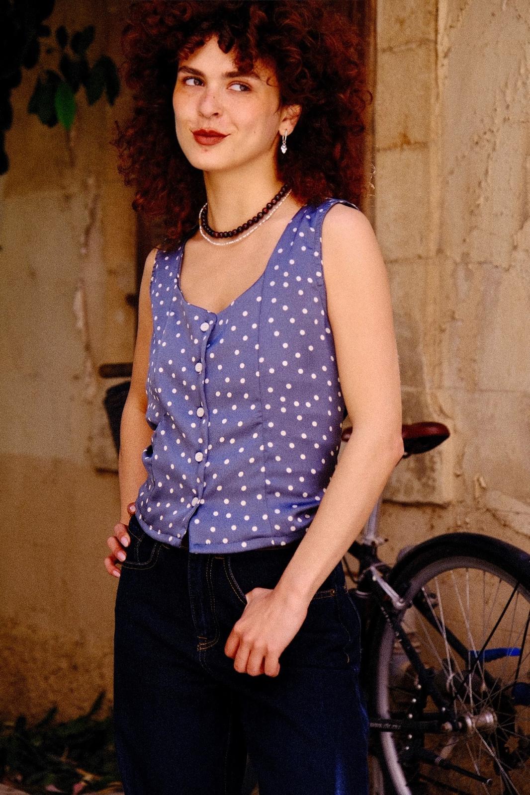 Aviv Button-Up Top – Turquoise White Dots