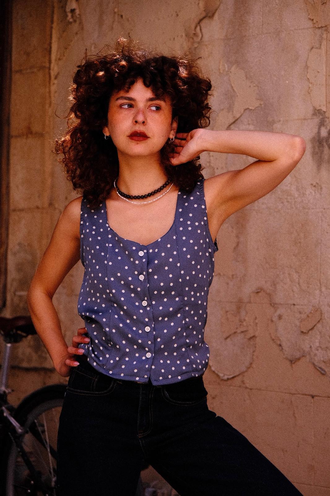 Aviv Button-Up Top – Turquoise White Dots