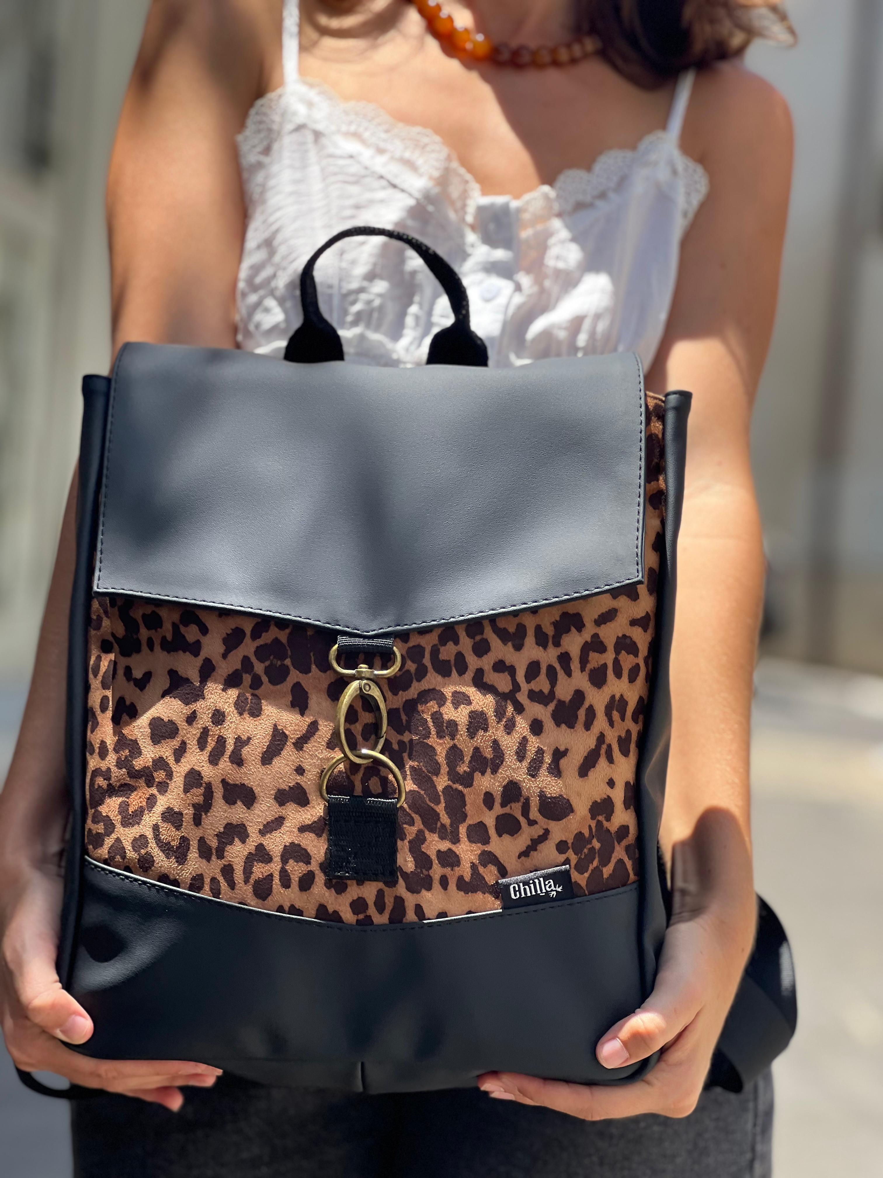 Black Suede Like Leopard Print Mini Students Backpack