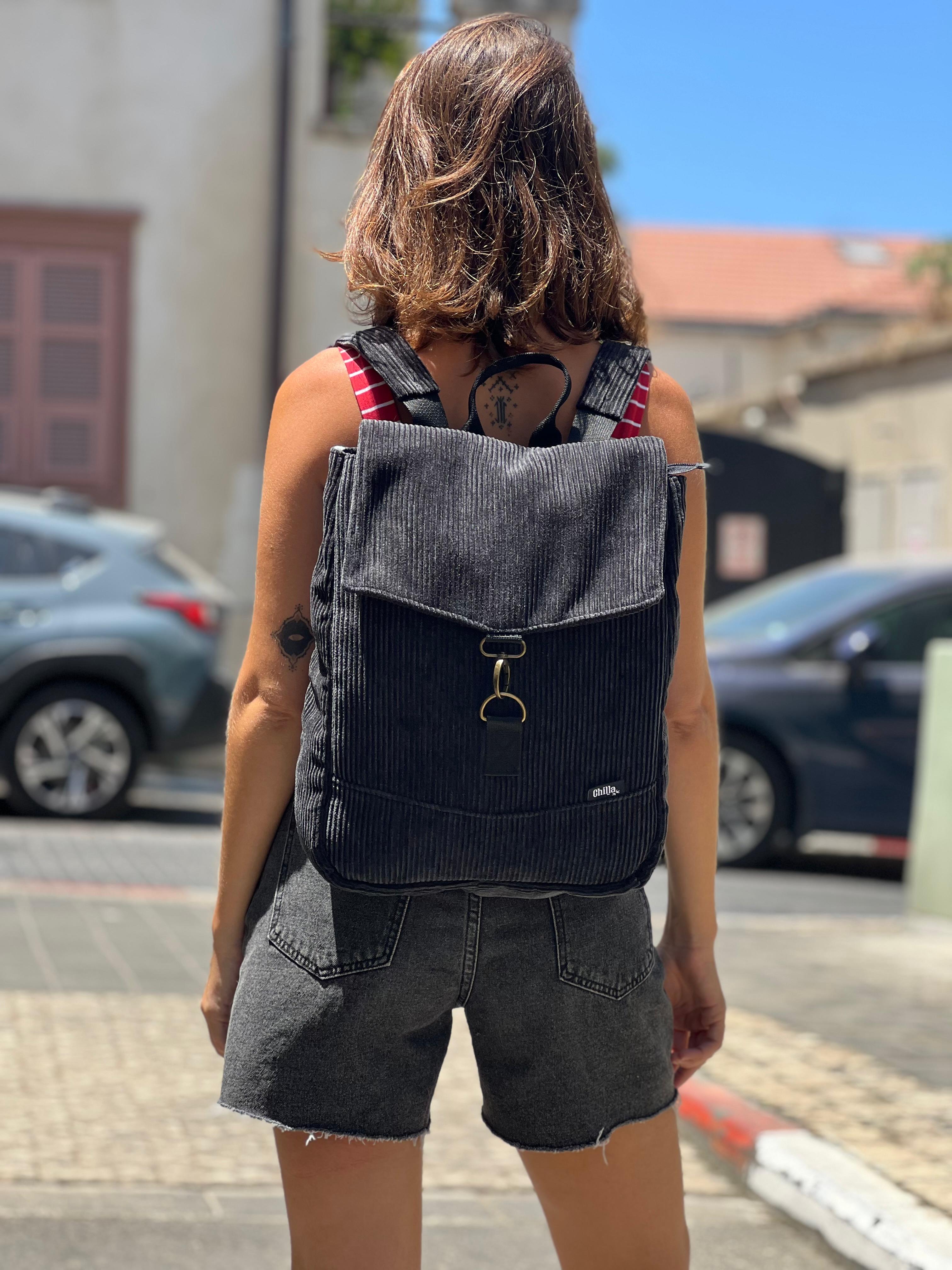 Black Corduroy Medium Students Backpack
