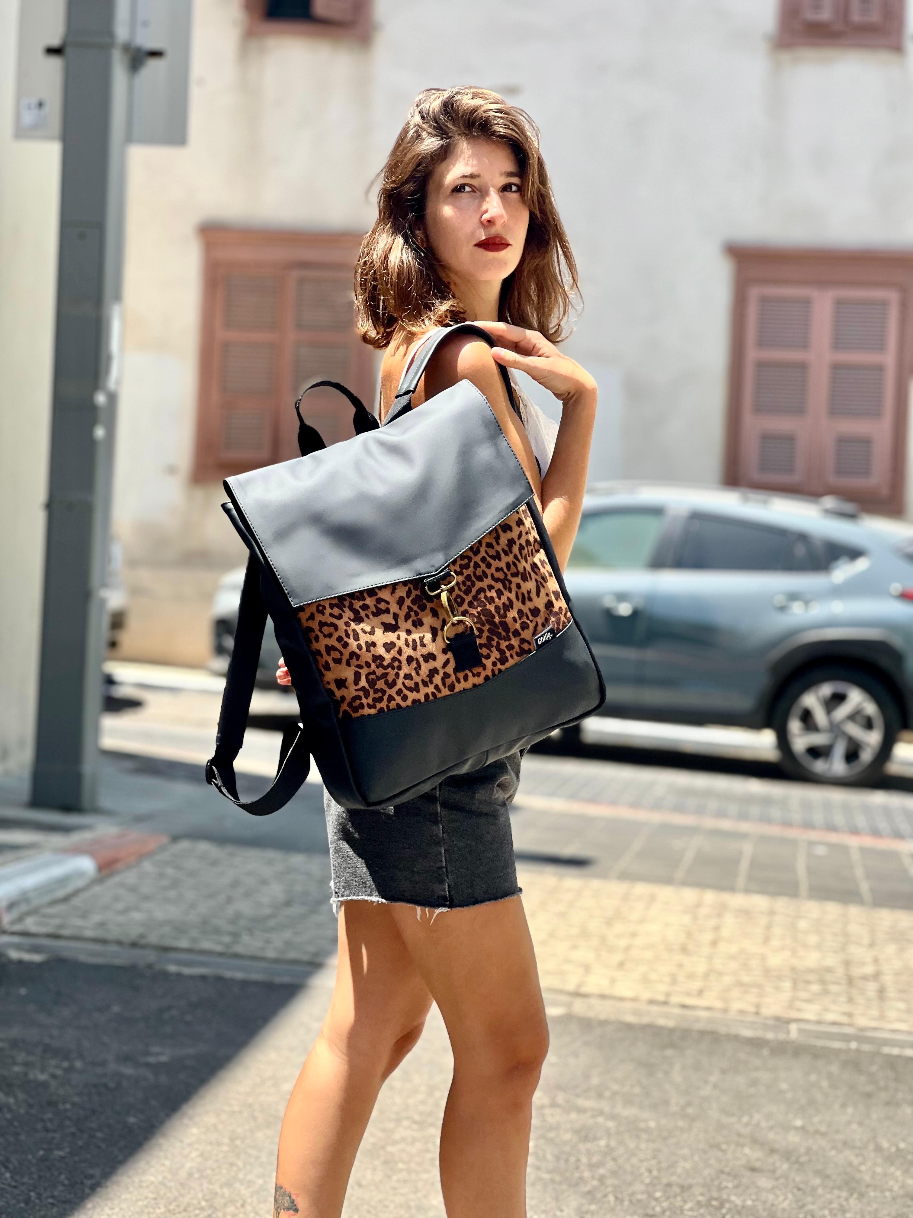 Large Black with Leopard Print Students Backpack