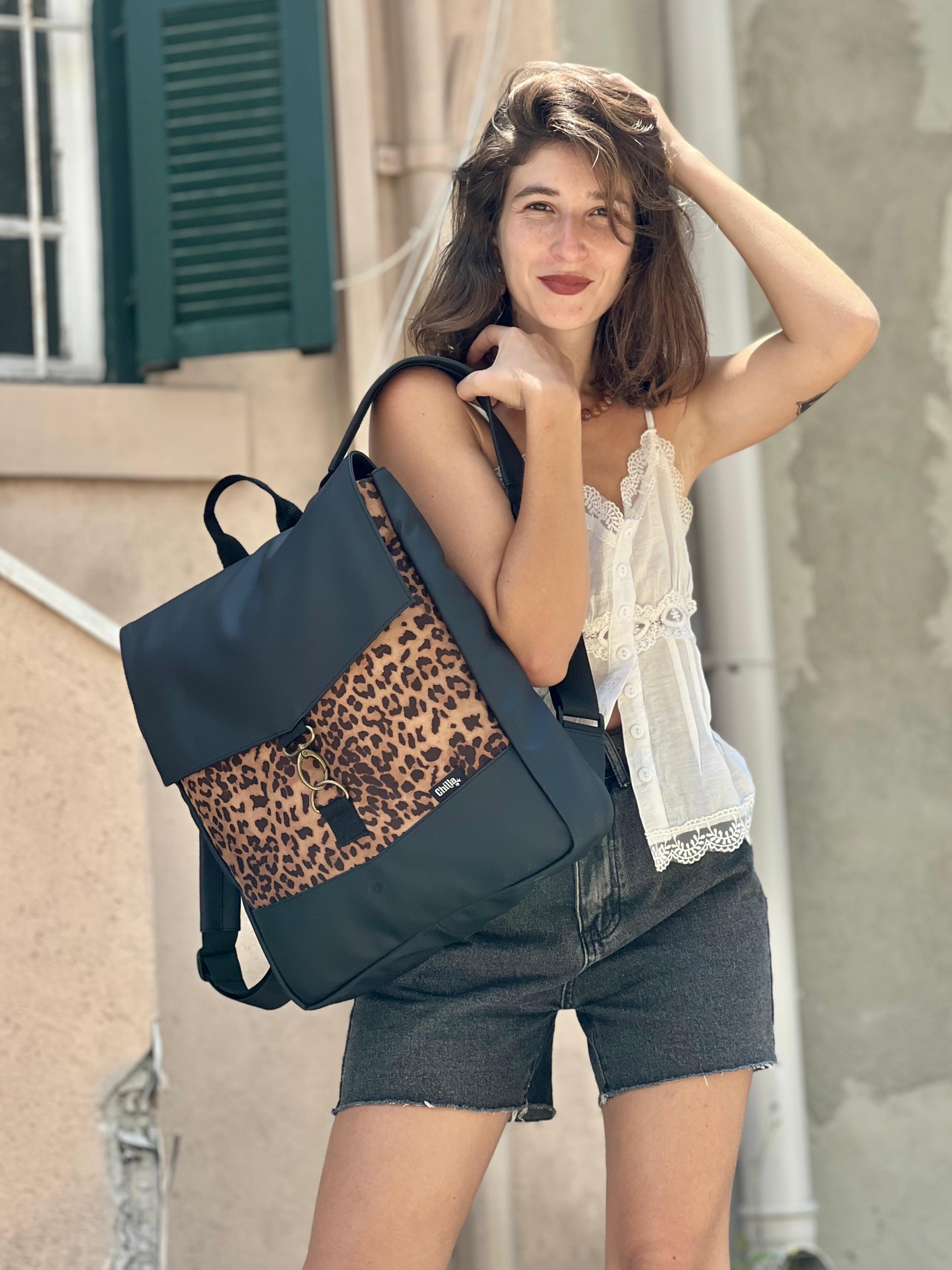 Large Black with Leopard Print Students Backpack