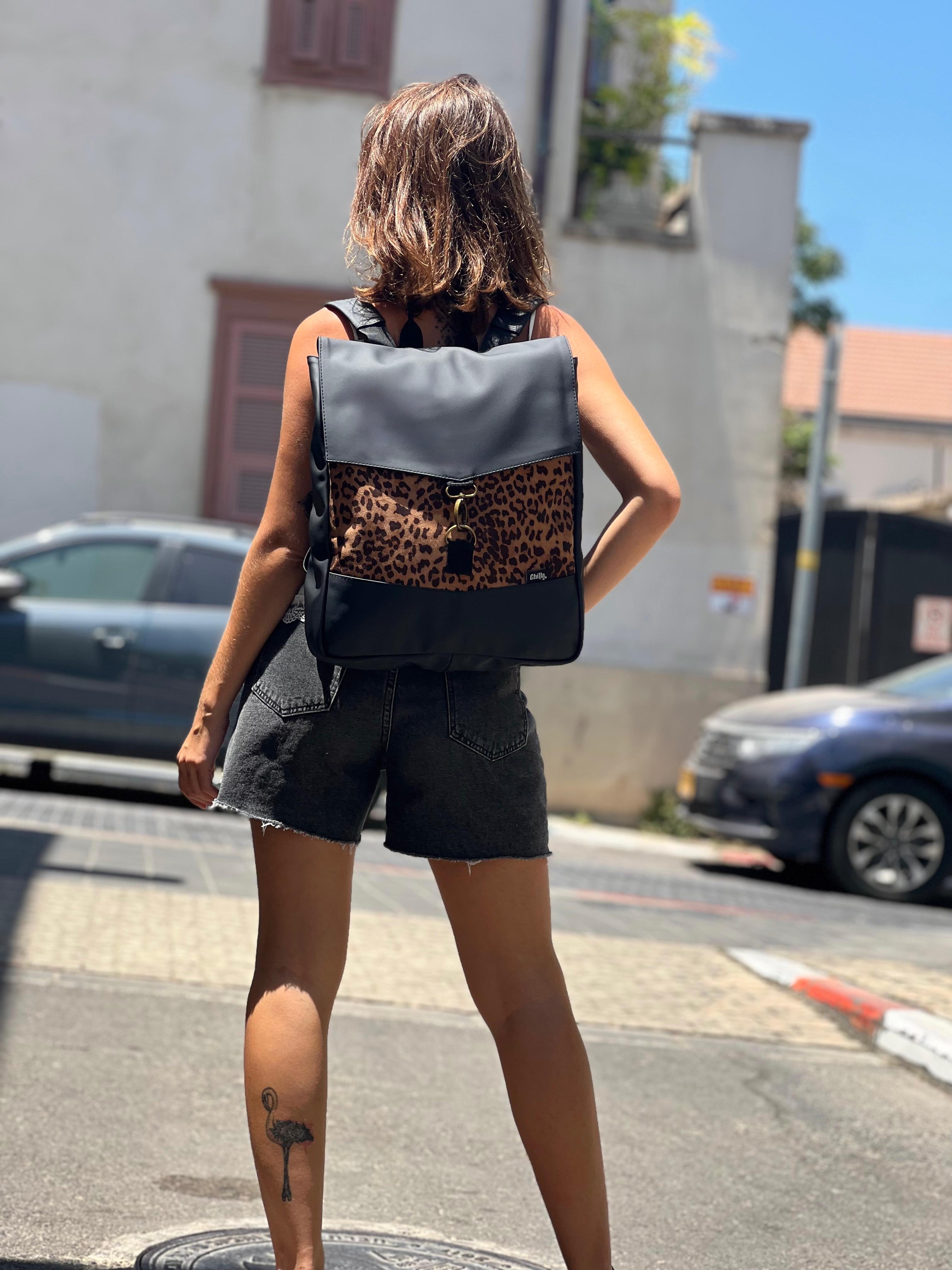 Large Black with Leopard Print Students Backpack
