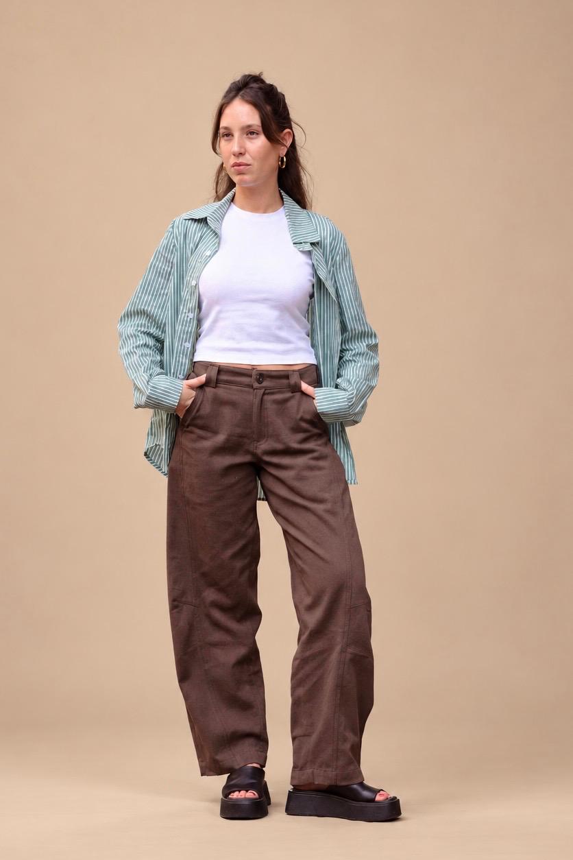 Brown barrel drill pants – front