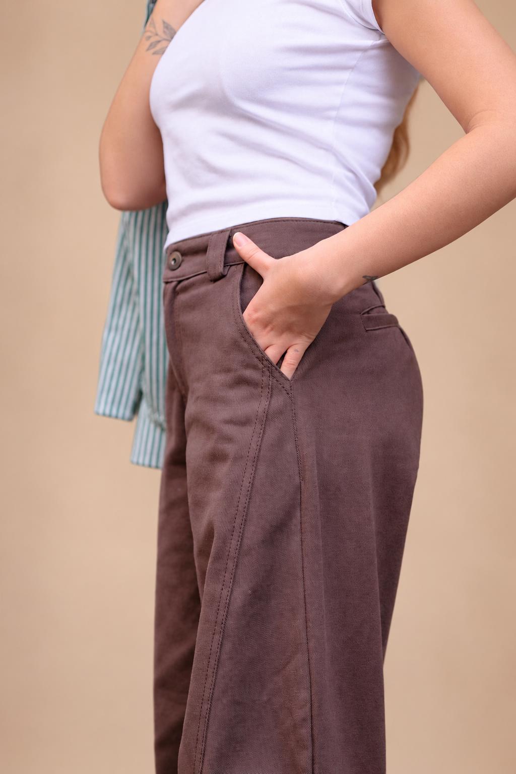 Brown barrel drill pants – side