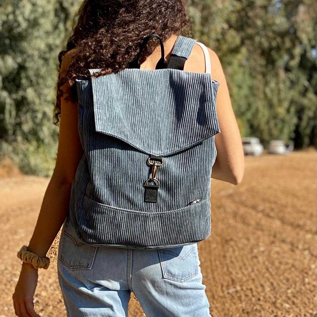 Blue-Gray Corduroy Large Students Backpack - Chilla Vegan Bags