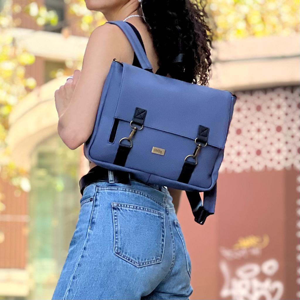 Blau-lila „Jaffa“-Rucksack/Seitentasche aus veganem Leder