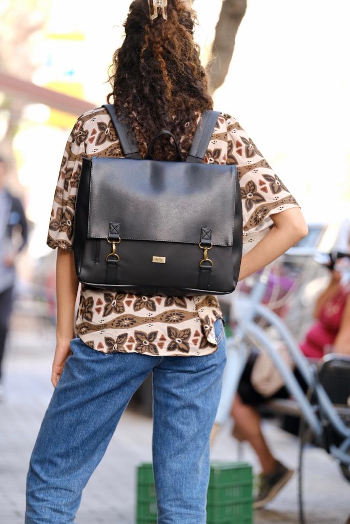 Black with Shiny Tetxture Large 'Jaffa' Backpack/Side Bag - Chilla Vegan Bags