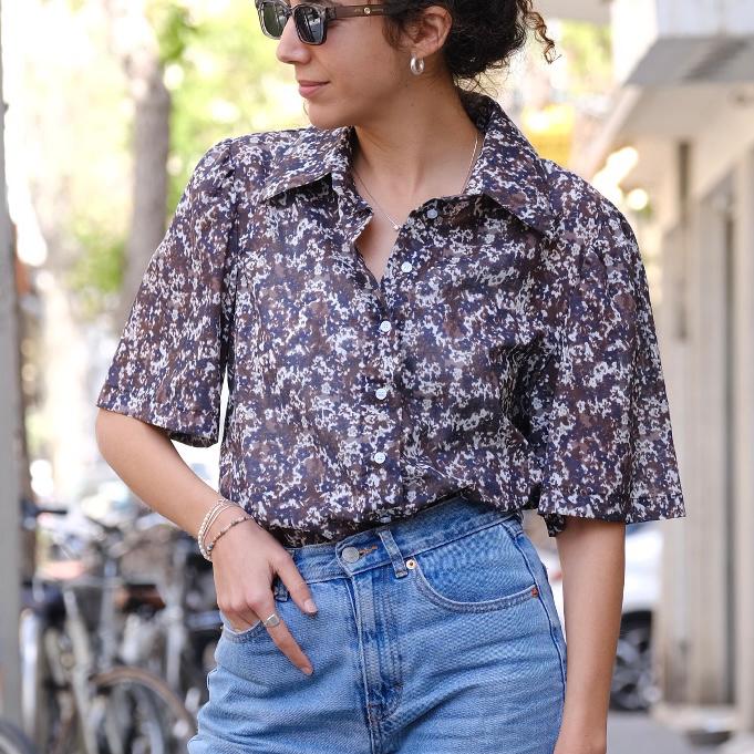 'Lior' Brown and Blue Flowers Buttoned Shirt