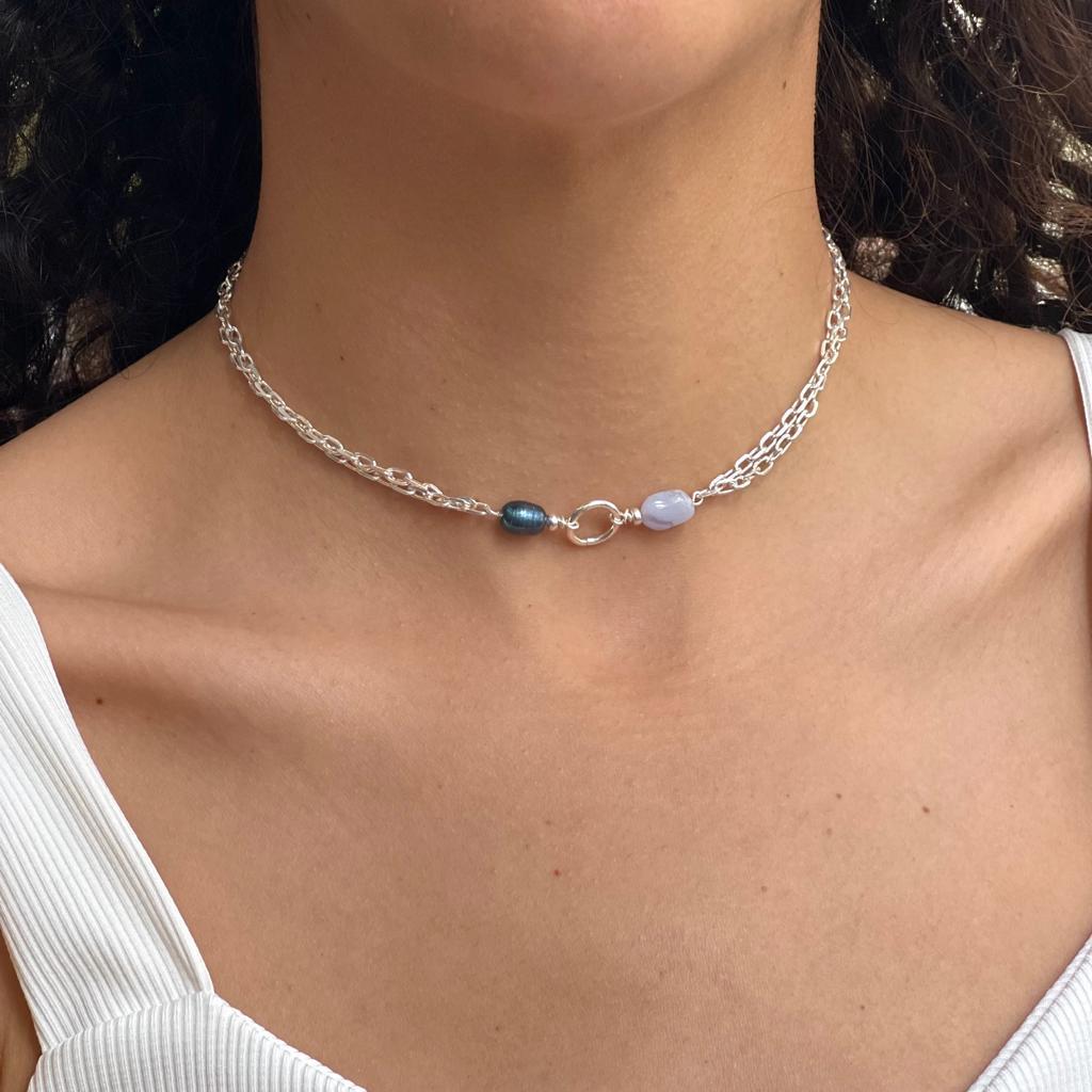 'Mikey' Silver 925 and Blue Pearl Choker Necklace